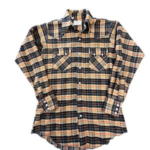 Vintage Dee Cee Brand Western Pearl Snap Shirt Plaid Flannel Tan Black Made iUSA